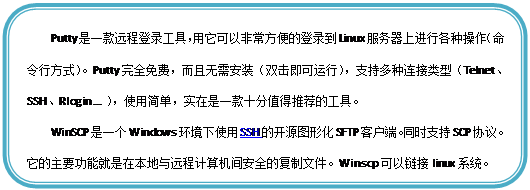 圆角矩形: Putty是一款远程登录工具，用它可以非常方便的登录到Linux服务器上进行各种操作（命令行方式）。Putty完全免费，而且无需安装（双击即可运行），支持多种连接类型（Telnet、SSH、Rlogin ... ），使用简单，实在是一款十分值得推荐的工具。
WinSCP是一个Windows环境下使用SSH的开源图形化SFTP客户端。同时支持SCP协议。它的主要功能就是在本地与远程计算机间安全的复制文件。Winscp可以链接linux系统。

